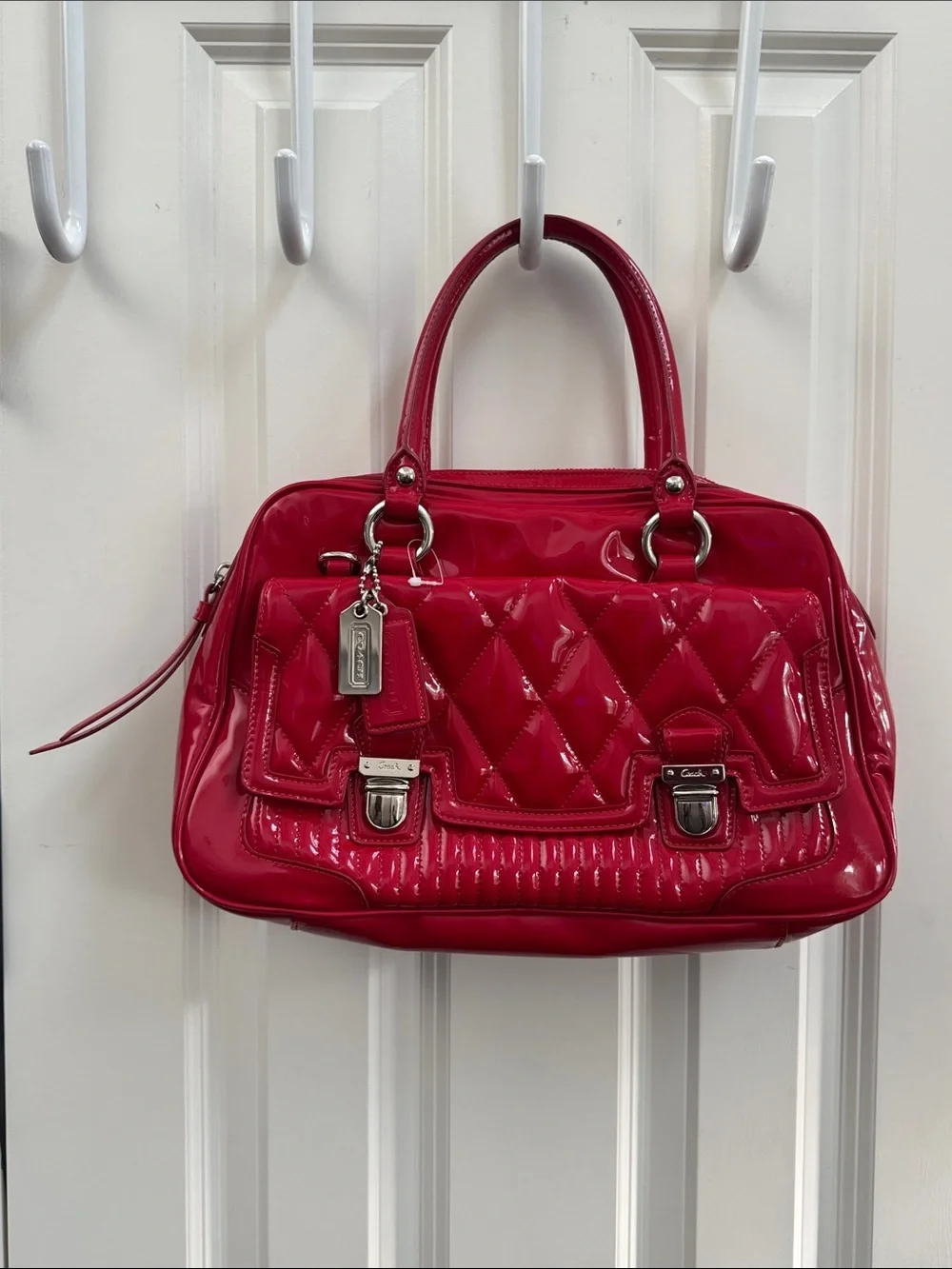 Coach Poppy Quilted Patent Red Satchel with Silver Hardware